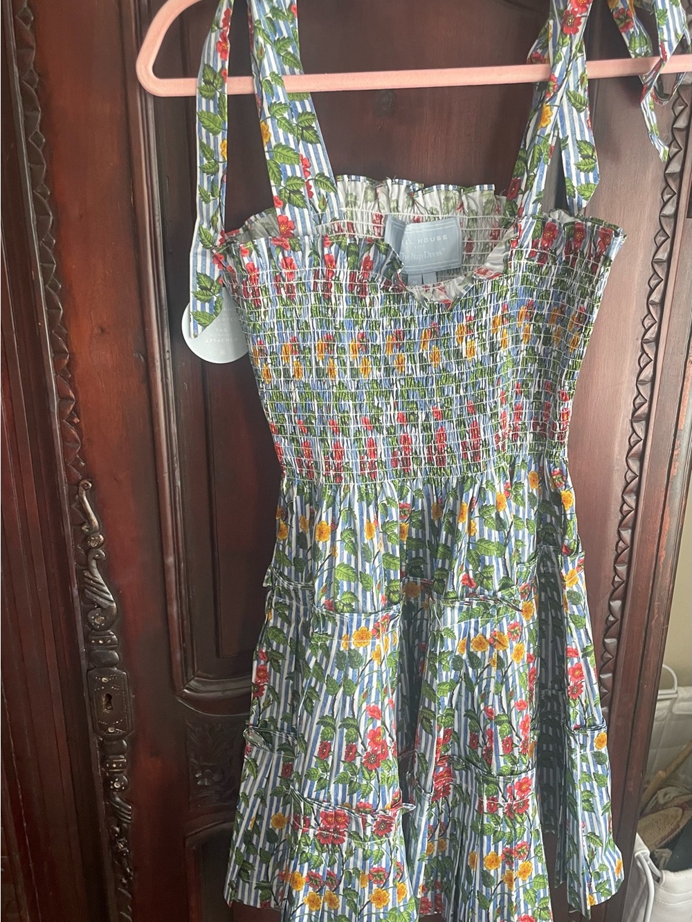Hill House Mini Dress in Blue, Green & Red Floral